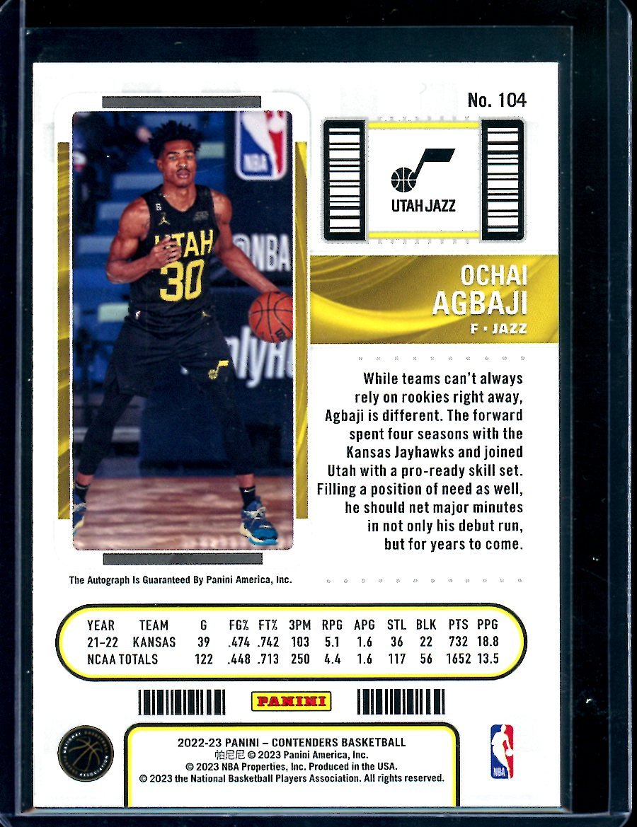 2022/23 Panini Contenders Ochai Agbaji Rookie Ticket Auto Jazz - Trading Card Market