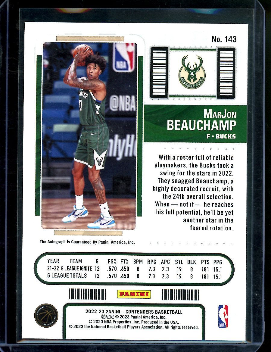 2022/23 Panini Contenders MarJon Beauchamp Rookie Playoff Ticket Auto /99 Bucks - Trading Card Market