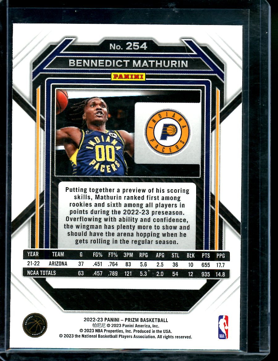 2022/23 Panini Prizm Bennedict Mathurin Rookie Pacers - Trading Card Market
