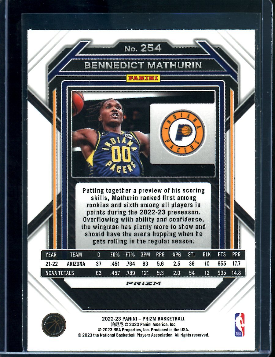2022/23 Panini Prizm Bennedict Mathurin Rookie Pulsar Pacers - Trading Card Market