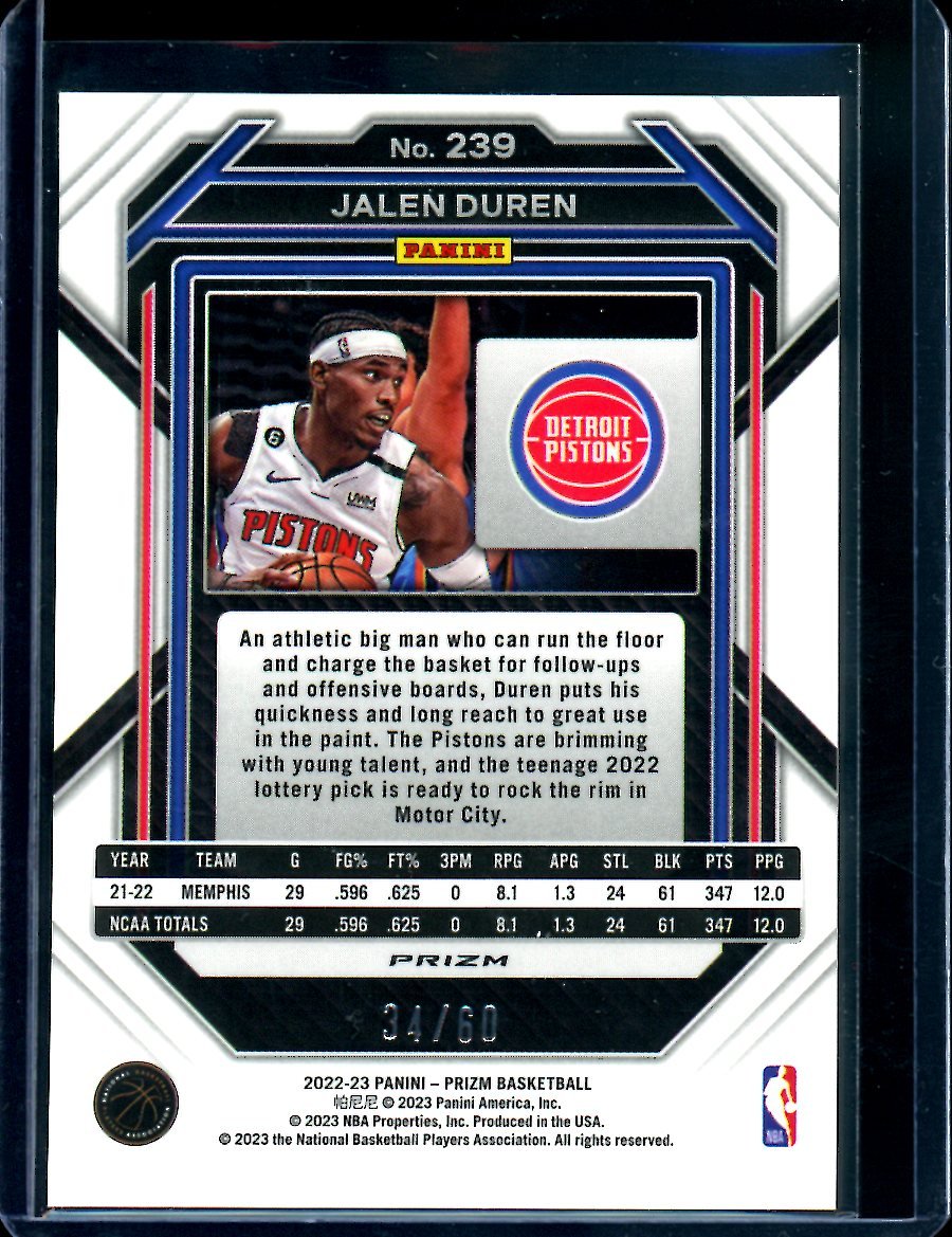 2022/23 Panini Prizm Jalen Duren Rookie Orange Wave /60 Pistons - Trading Card Market