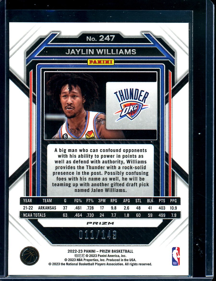 2022/23 Panini Prizm Jaylin Williams Rookie Purple Ice /149 Thunder - Trading Card Market