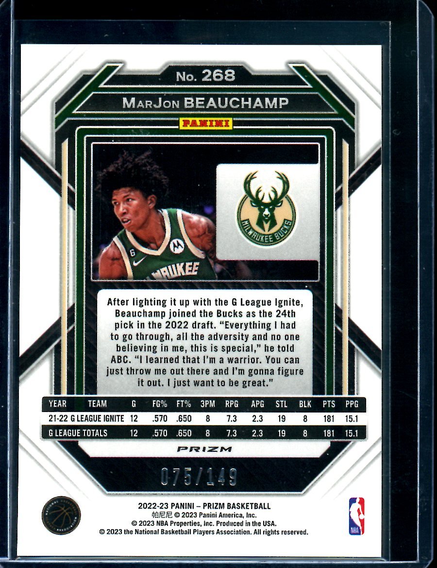 2022/23 Panini Prizm MarJon Beauchamp Rookie Purple Ice /149 Bucks - Trading Card Market