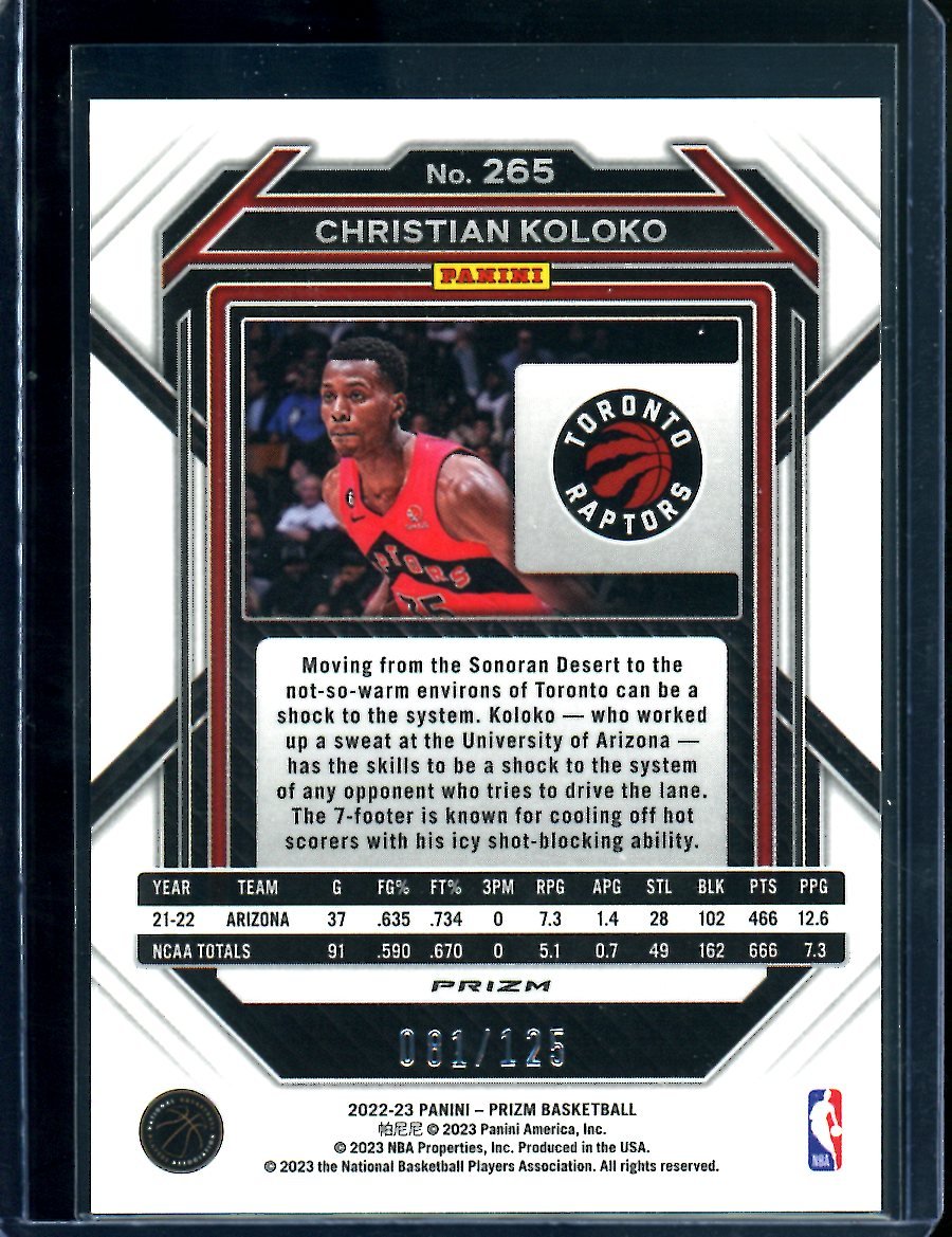 2022/23 Panini Prizm Christian Koloko Rookie Blue Ice /125 Raptors - Trading Card Market