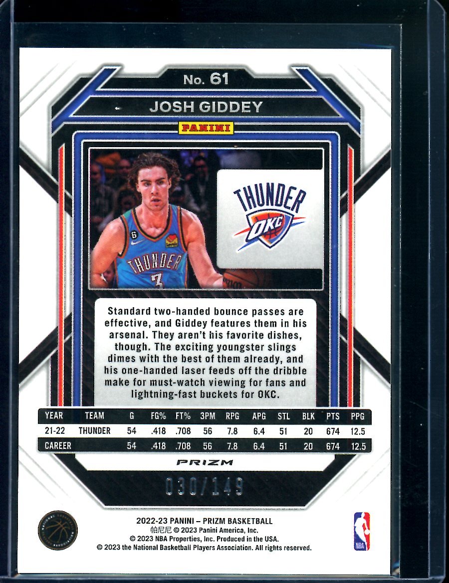2022/23 Panini Prizm Josh Giddey Purple Ice /149 Thunder - Trading Card Market