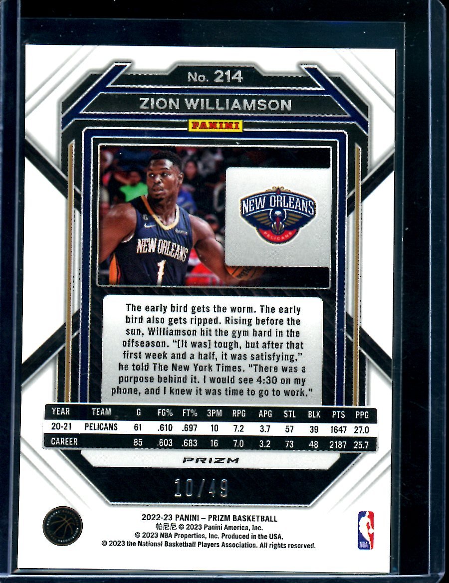 2022/23 Panini Prizm Zion Williamson Orange /49 Pelicans - Trading Card Market