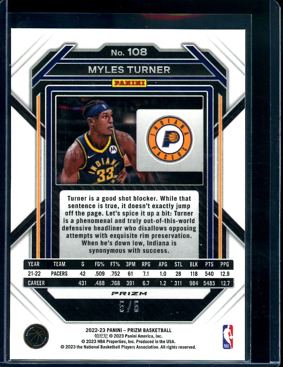 2022/23 Panini Prizm Myles Turner Black Gold /5 Pacers - Trading Card Market
