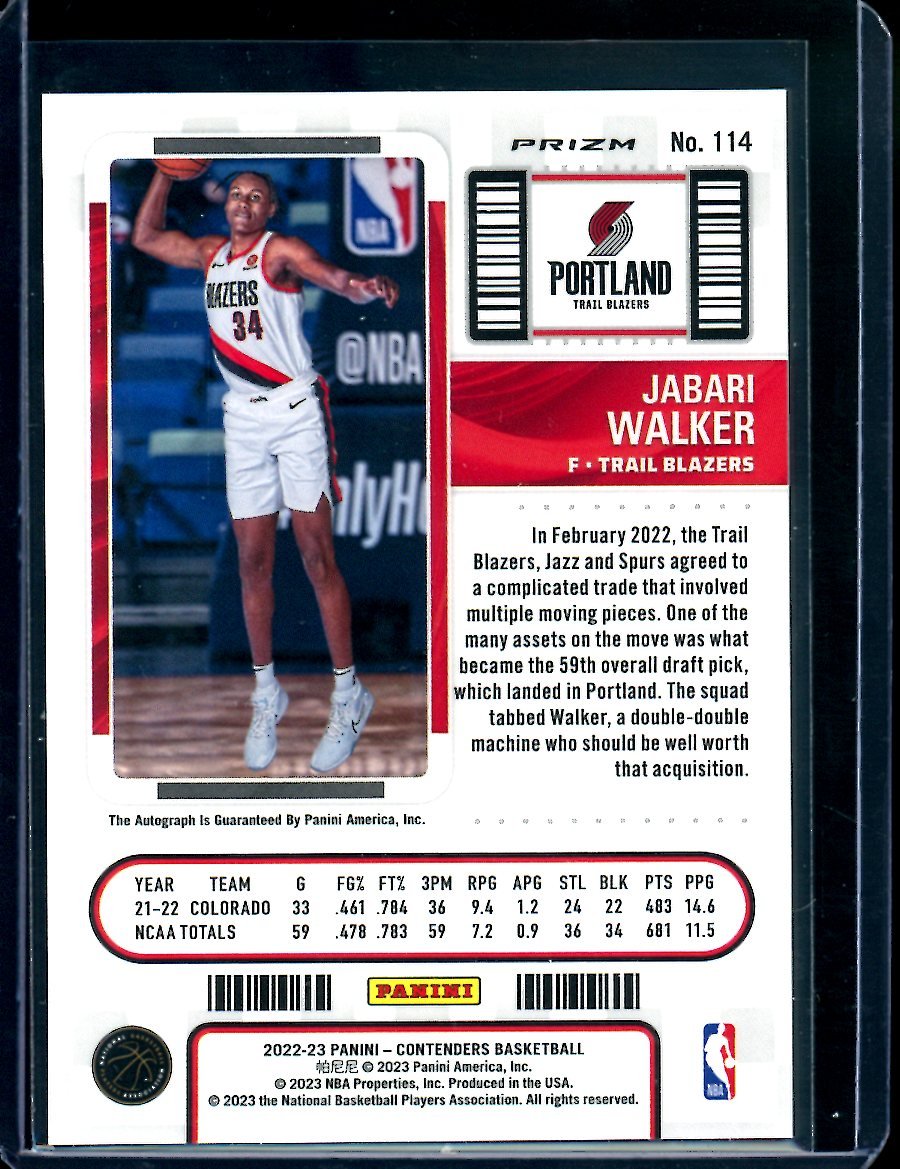 2022/23 Panini Contenders Jabari Walker Rookie Ticket Chrome Variation Auto Trailblazers - Trading Card Market