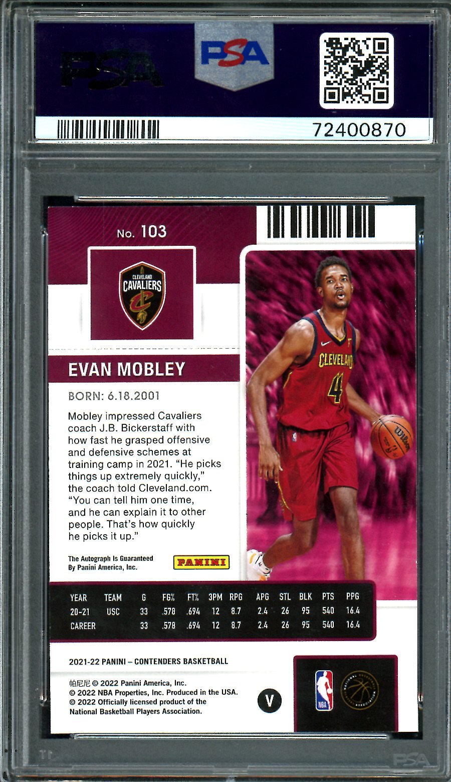 2021/22 Panini Contenders Evan Mobley Rookie Playoff Ticket Auto /99 PSA 9 10 Auto Cavaliers - Trading Card Market