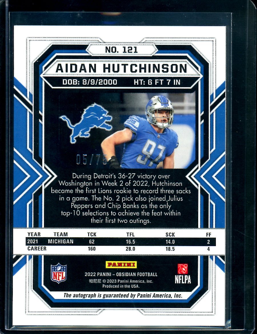 2022 Panini Obsidian Aidan Hutchinson Rookie Auto Orange Etch /75 Lions - Trading Card Market