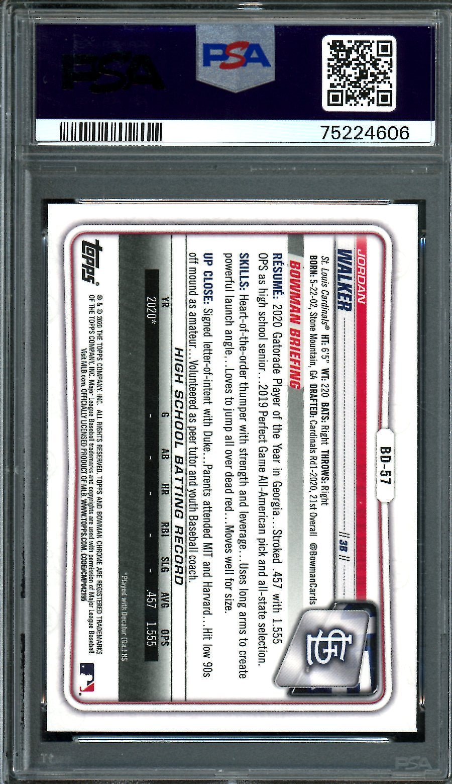 2020 Bowman Draft Jordan Walker 1st Bowman Chrome PSA 10 Cardinals - Trading Card Market