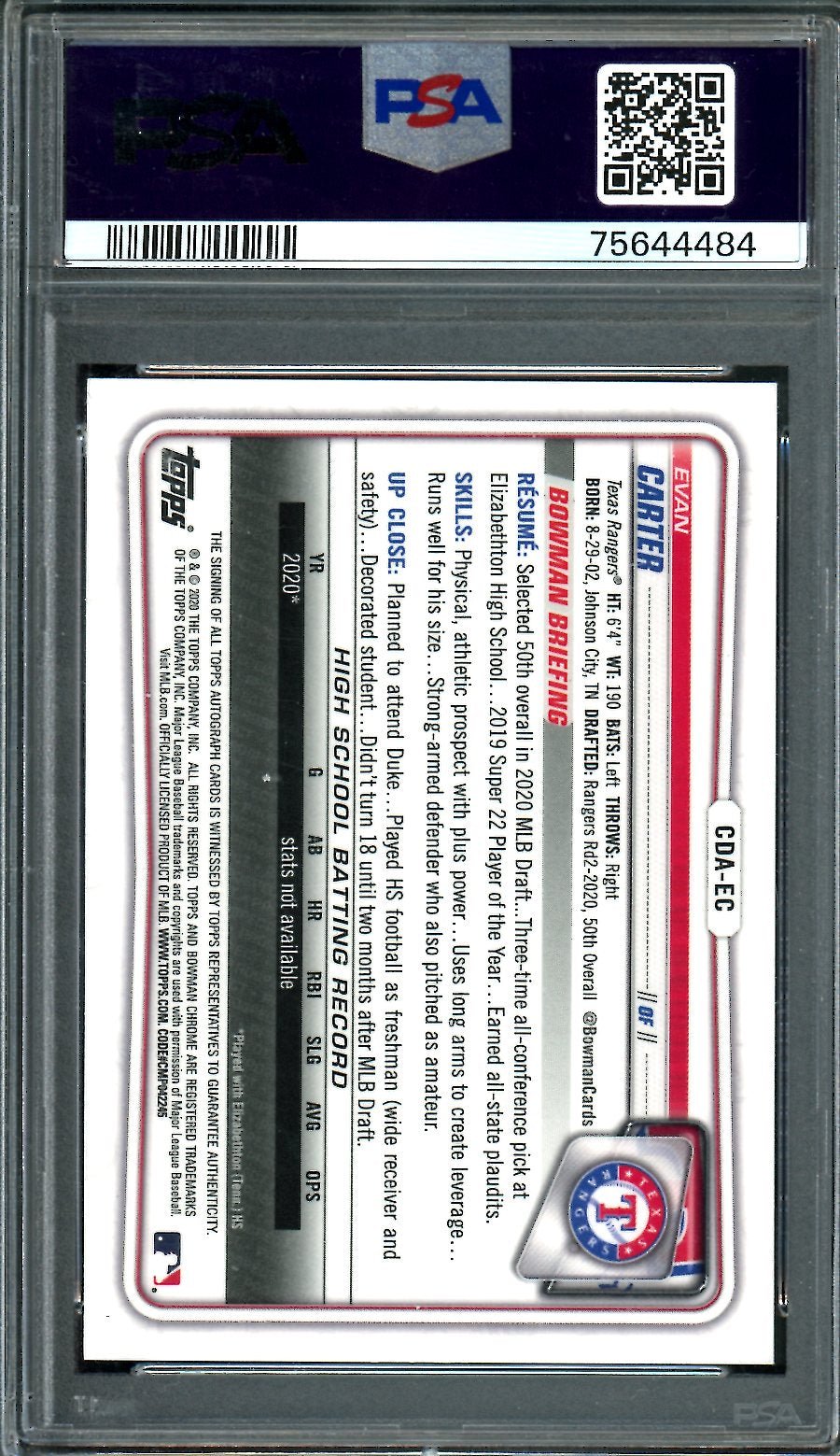 2020 Bowman Draft Evan Carter 1st Bowman Auto Blue Shimmer /150 PSA 9 Rangers - Trading Card Market