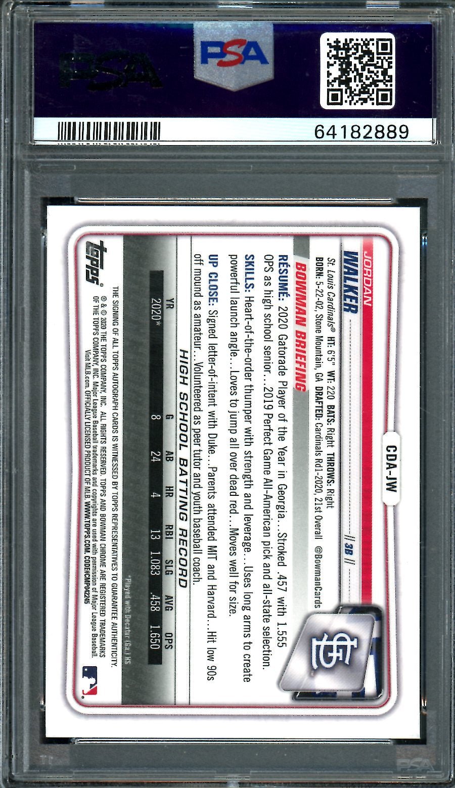 2020 Bowman Draft Jordan Walker 1st Bowman Auto PSA 10 Cardinals - Trading Card Market