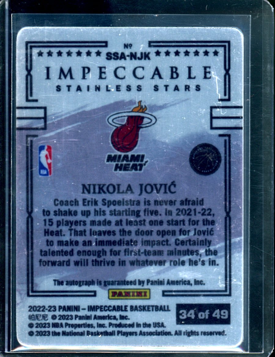 2022/23 Panini Impeccable Nikola Jovic Rookie Stainless Stars Auto /49 Heat - Trading Card Market