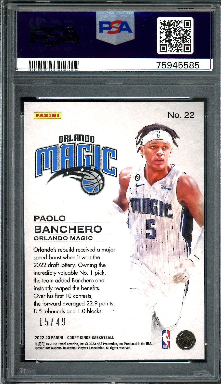 2022/23 Panini Court Kings Paolo Banchero Rookie Works in Progress /49 PSA 10 Magic - Trading Card Market