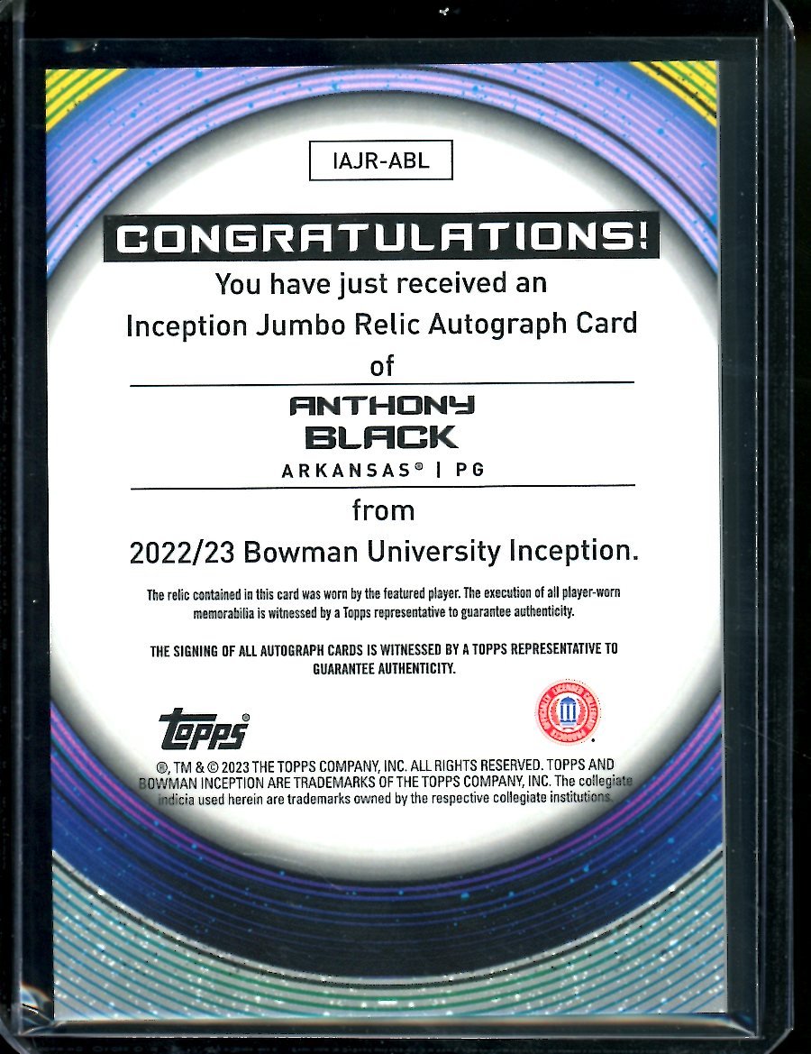 2022/23 Bowman Inception Anthony Black Patch Auto /199 Arkansas - Trading Card Market