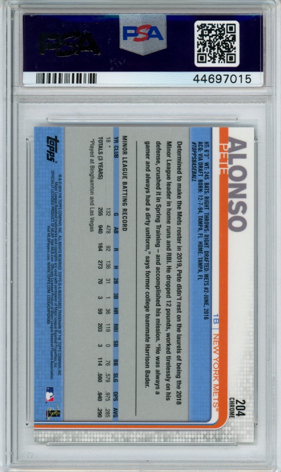 2019 Topps Chrome Pete Alonso Rookie PSA 10 Mets - Trading Card Market