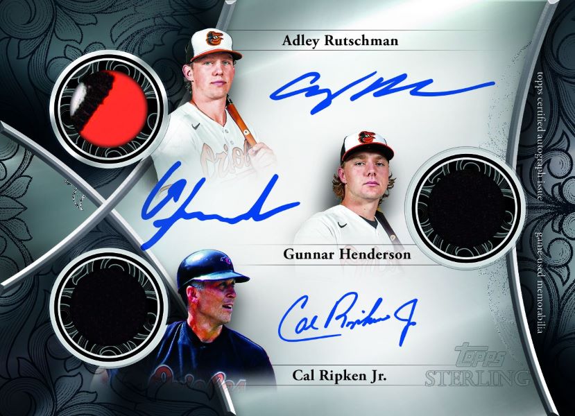 2024 Topps Sterling Baseball Cards-Adley Rutschman_Gunnar Henderson_Cal Ripken Jr Triple Auto Relics