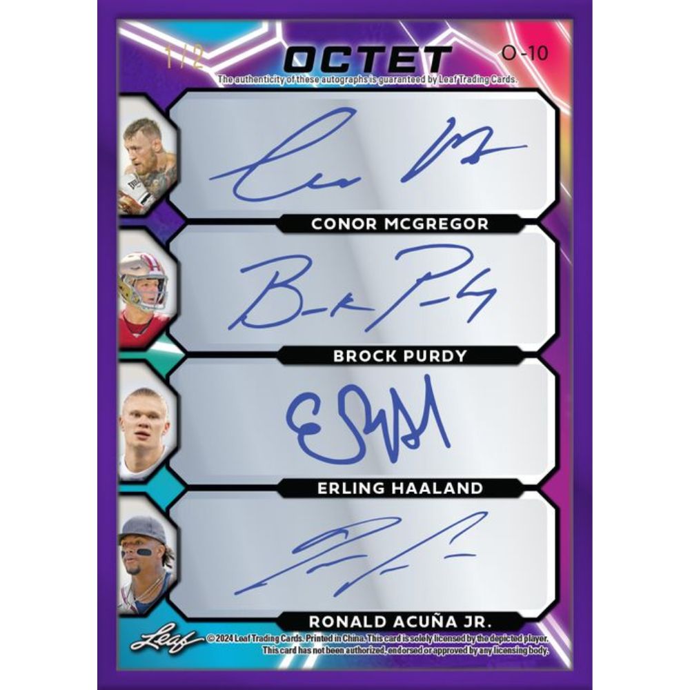 2024 Leaf Decadence Multi-Sport Cards - Octet: Conor McGregor_Brock Purdy_Erling Haaland_Ronald Acuna Jr