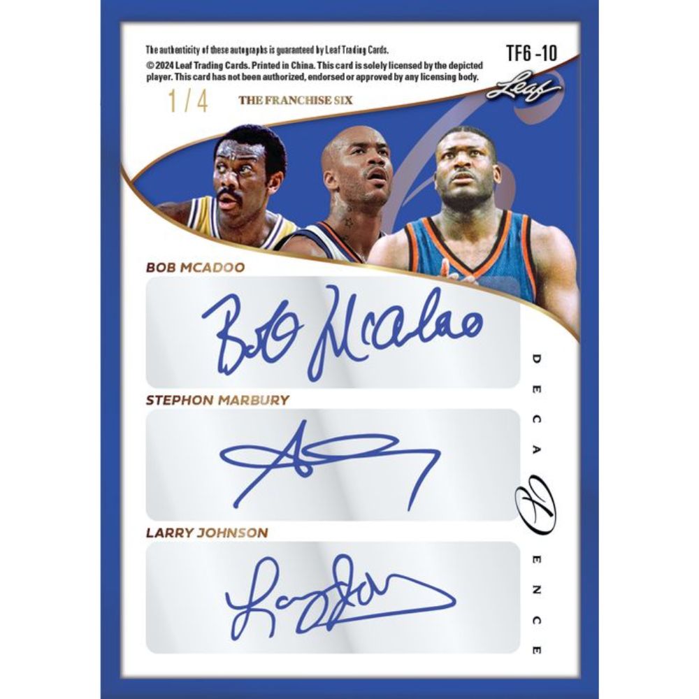 2024 Leaf Decadence Multi-Sport Cards - Franchise Six: Bob Mcadoo_Stephon Marbury_Larry Johnson