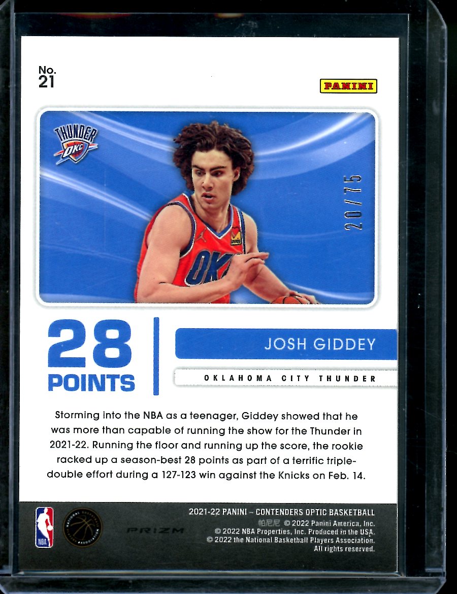 2021/22 Panini Contenders Optic Josh Giddey Rookie Blue Ice /75 Thunder