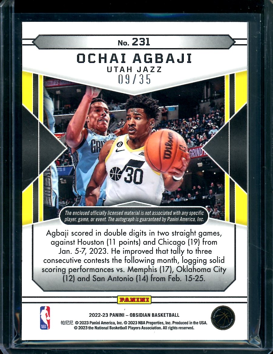 2022/23 Panini Obsidian Ochai Agbaji Rookie Auto RPA /35 Jazz