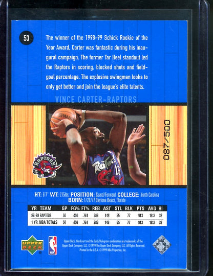 1998/99 Upper Deck Hardcourt Vince Carter Rookie Baseline Grooves /500 Raptors