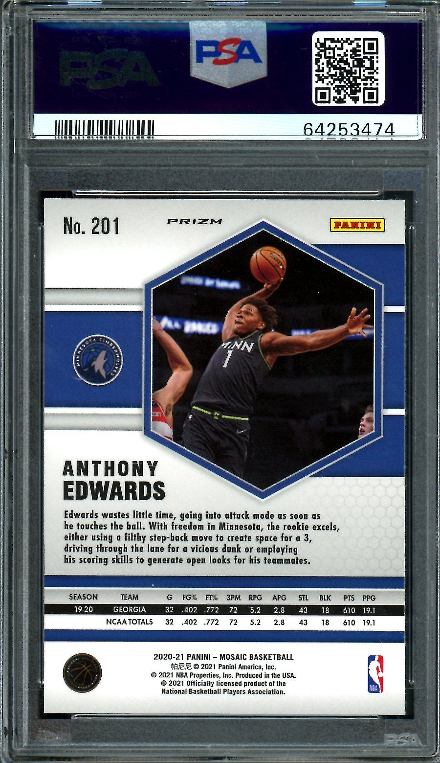 2020/21 Panini Mosaic Anthony Edwards Rookie Yellow Reactive PSA 10 Timberwolves