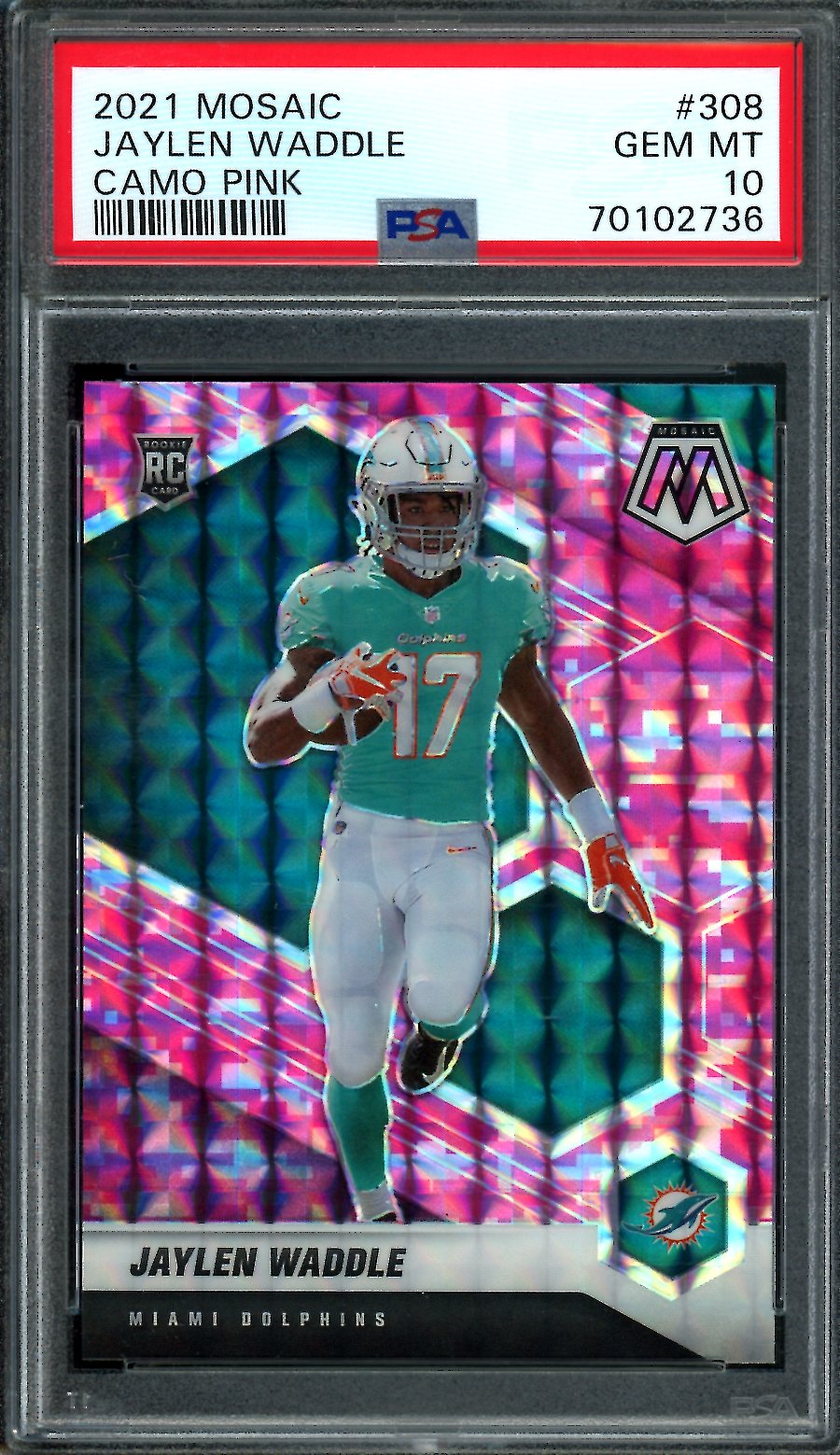 2021 Panini Mosaic Jaylen Waddle Rookie Pink Camo PSA 10 Dolphins