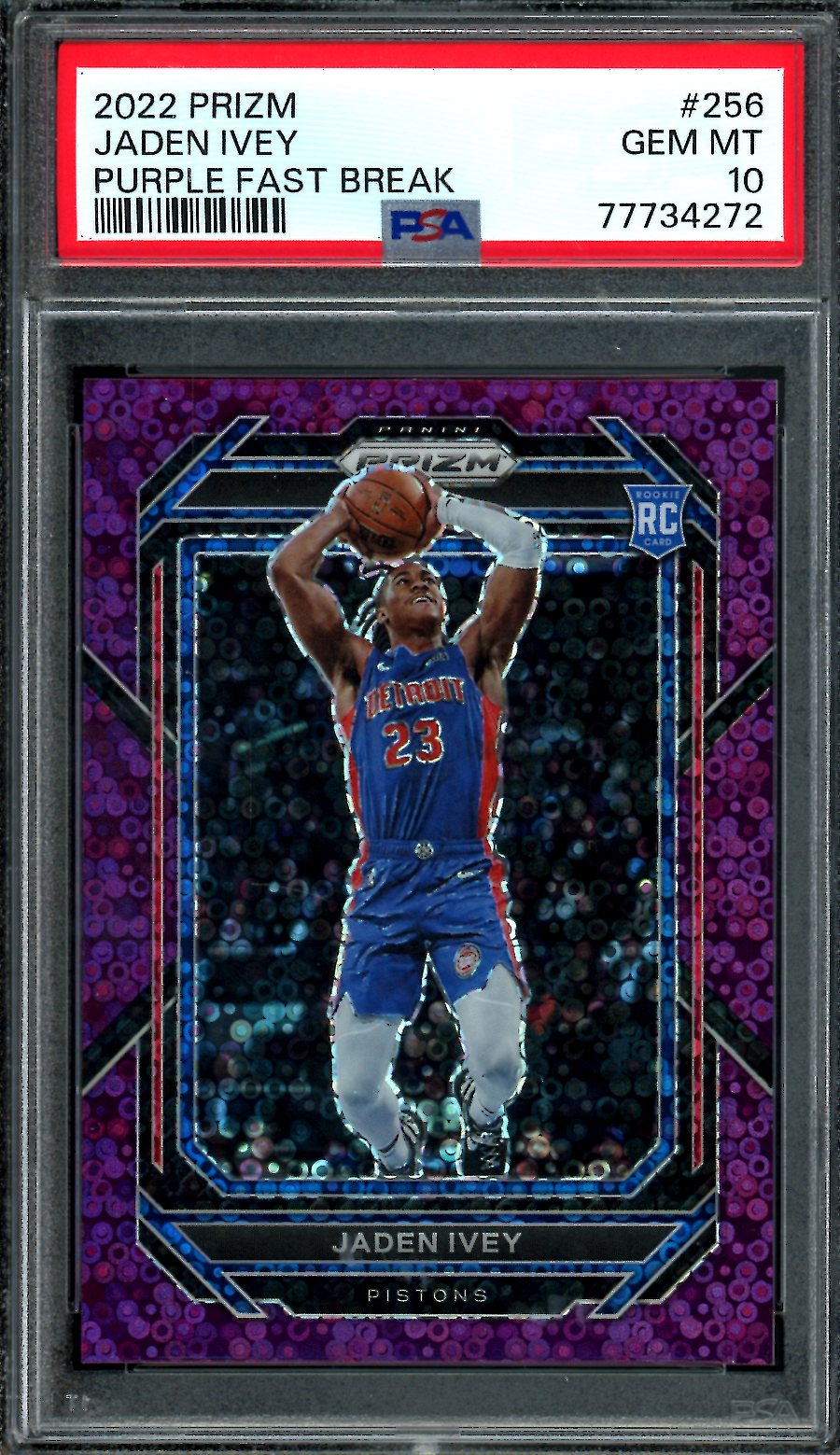 2022-23 Panini Prizm Jaden Ivey  Rookie Purple Disco /75 PSA 10 Pistons