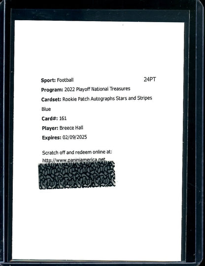 2022 Panini National Treasures Breece Hall Rookie RPA Stars & Stripes Redemption /10 Jets 