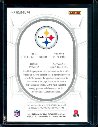 2022 Panini National Treasures Ben Roethlisberger/Jerome Bettis/Hines Ward/Antwaan Randle El Quad Patch /99 Steelers