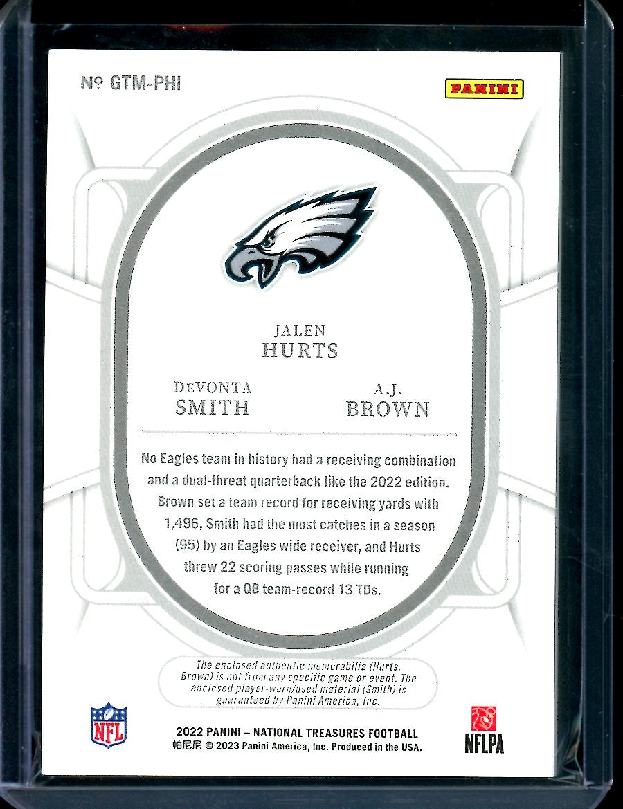 2022 Panini National Treasures Jalen Hurts/DeVonta Smith/A.J. Brown Triple Patch /25 Eagles
