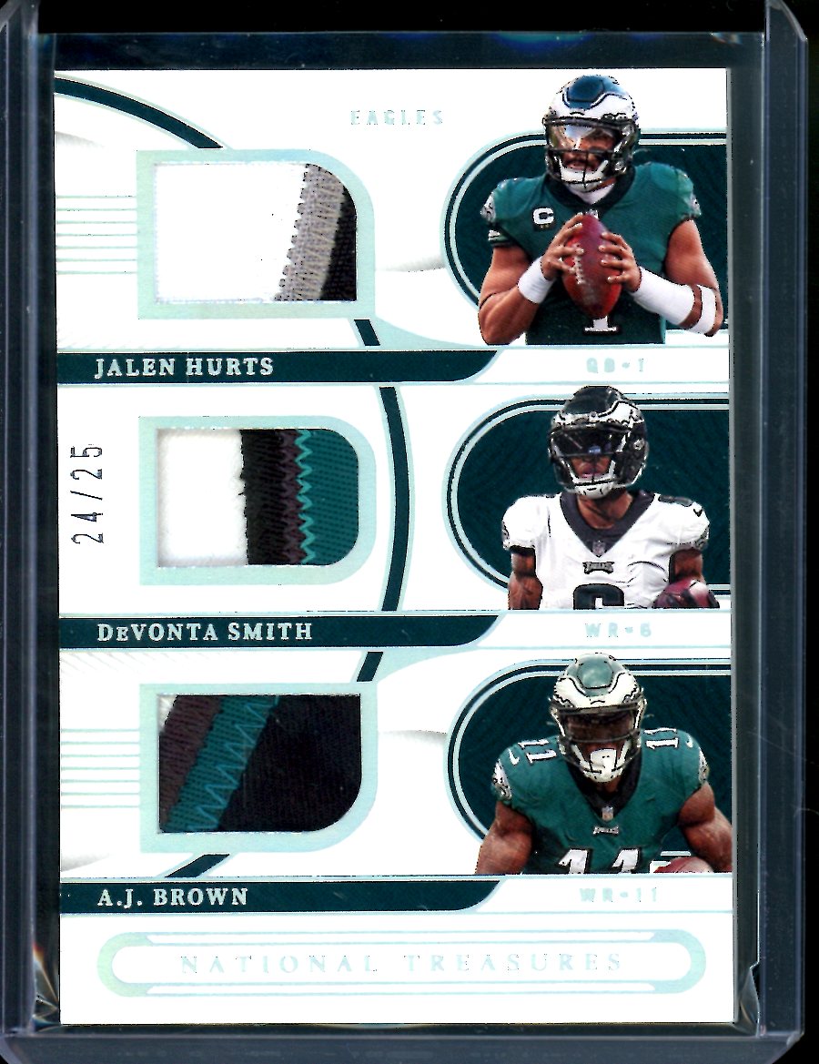 2022 Panini National Treasures Jalen Hurts/DeVonta Smith/A.J. Brown Triple Patch /25 Eagles