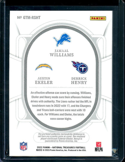 2022 Panini National Treasures Jamaal Williams/Austin Ekeler/Derrick Henry Triple Patch /99