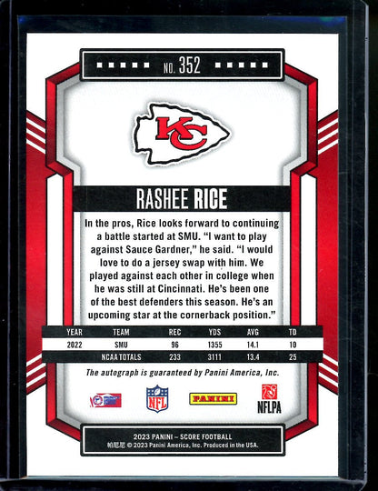 2023 Panini Score Rashee Rice Rookie Auto Chiefs