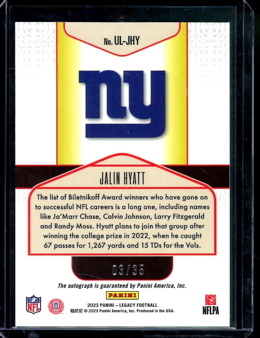 2023 Panini Legacy Jalin Hyatt Rookie Under the Lights Auto /35 Giants