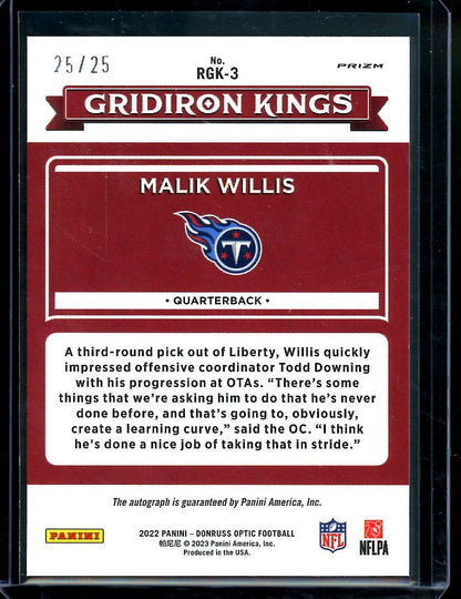 2022 Panini Optic Malik Willis Rookie Gridiron Kings Auto Purple /25 Titans