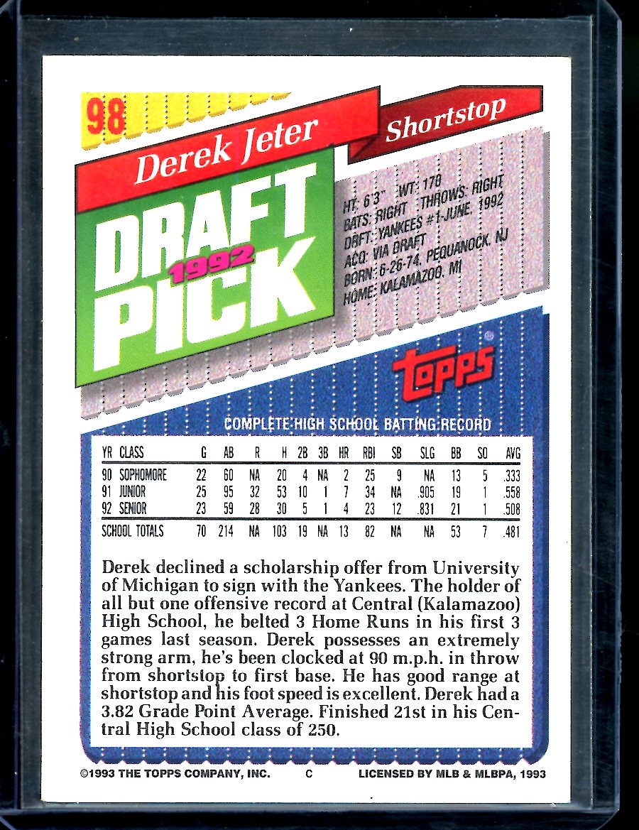 1993 Topps Derek Jeter 1992 Draft Pick Rookie Yankees