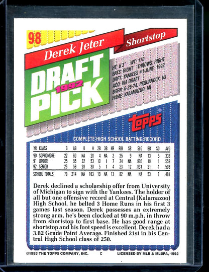 1993 Topps Derek Jeter 1992 Draft Pick Rookie Yankees