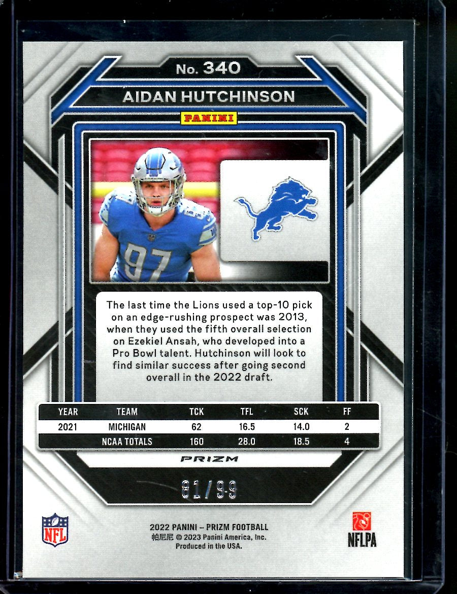 2022 Panini Prizm Aidan Hutchinson Rookie Blue Ice /99 Lions