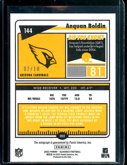 2022 Panini Classics Anquon Boldin Auto /10 Cardinals