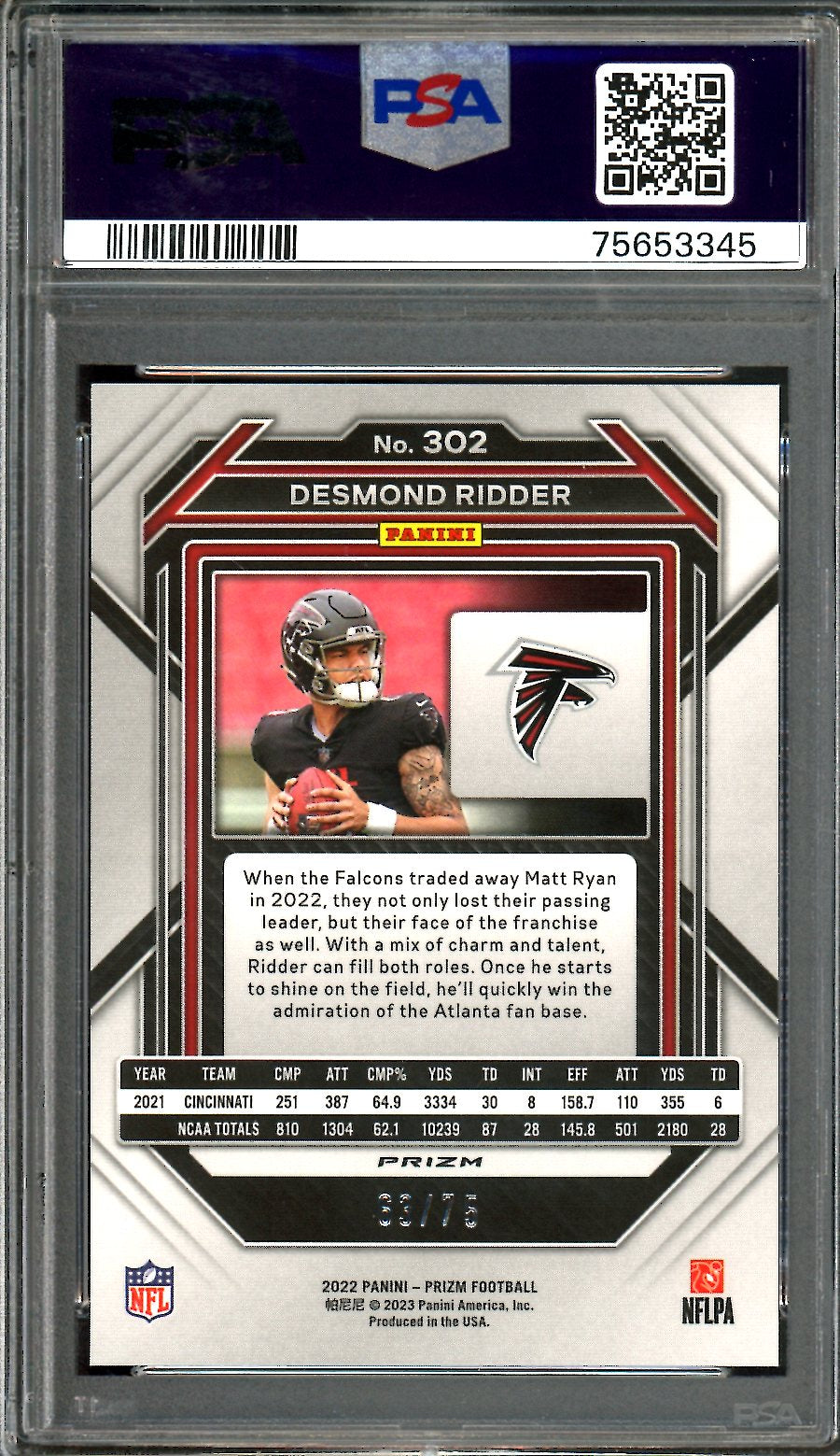 2022 Panini Prizm Desmond Ridder Rookie Green Scope /75 PSA 9 Falcons