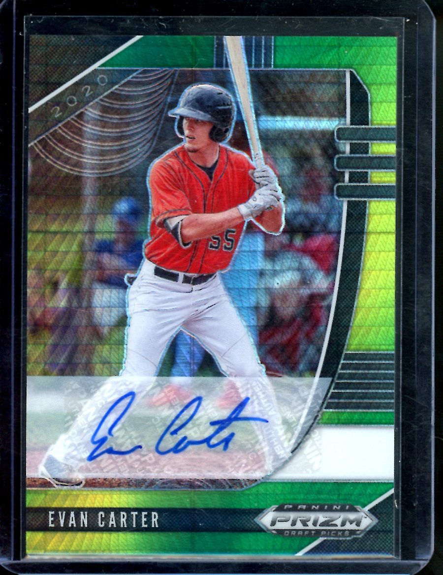 2020 Panini Prizm Evan Carter Green Yellow Hyper Auto Rangers