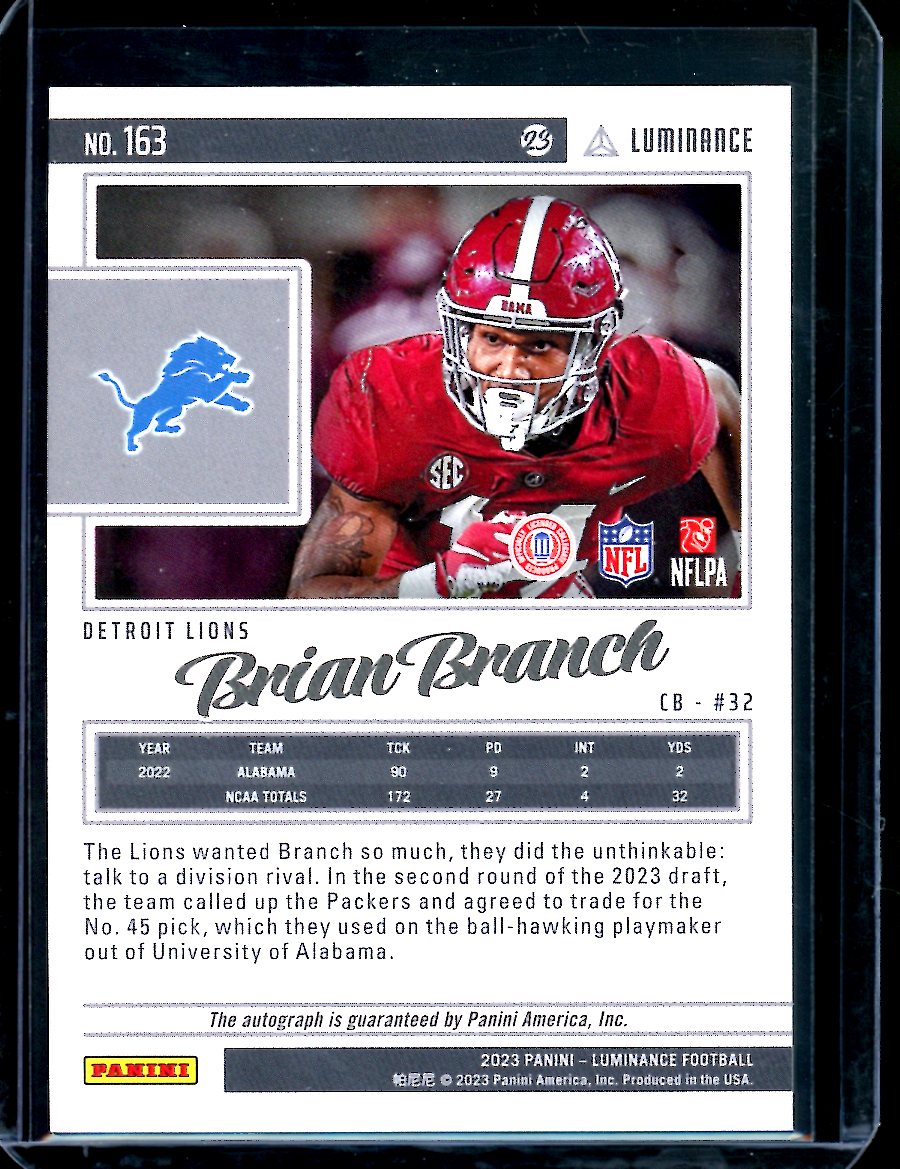 2023 Panini Luminance Brian Branch Rookie Auto /50 Lions