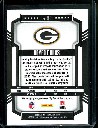 2023 Panini Score Romeo Doubs Auto Gold /50 Packers