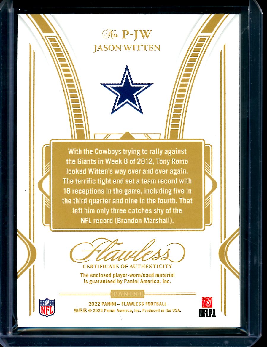 2022 Panini Flawless Jason Witten Sapphire Patch /10 Cowboys