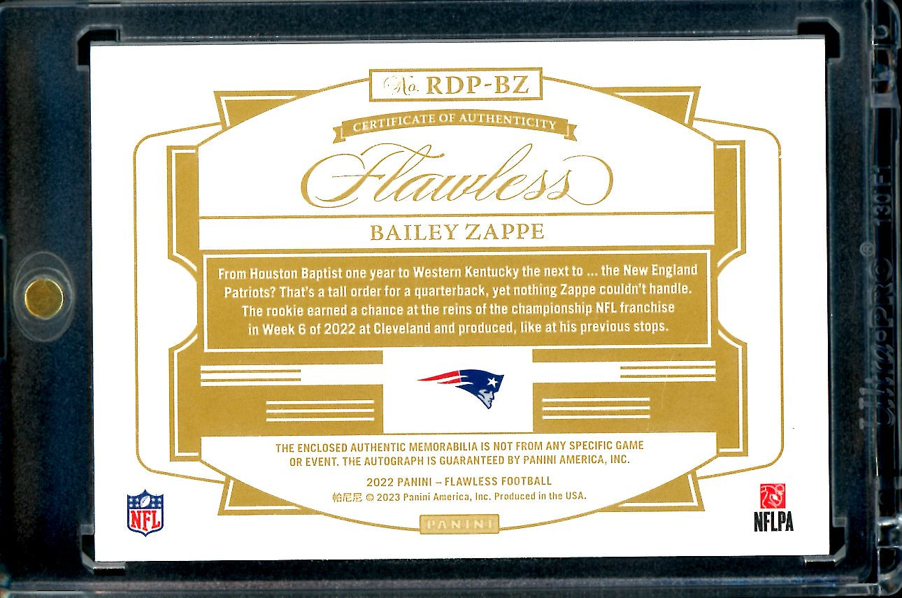 2022 Panini Flawless Bailey Zappe Rookie RPA Bronze /6 Patriots