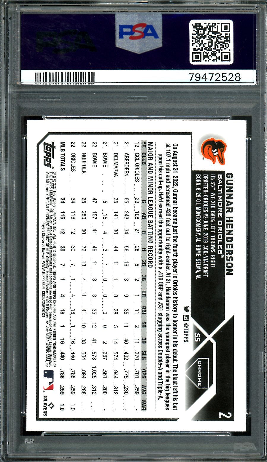 2023 Topps Topps Chrome Gunnar Henderson Rookie Prism PSA 10 Orioles