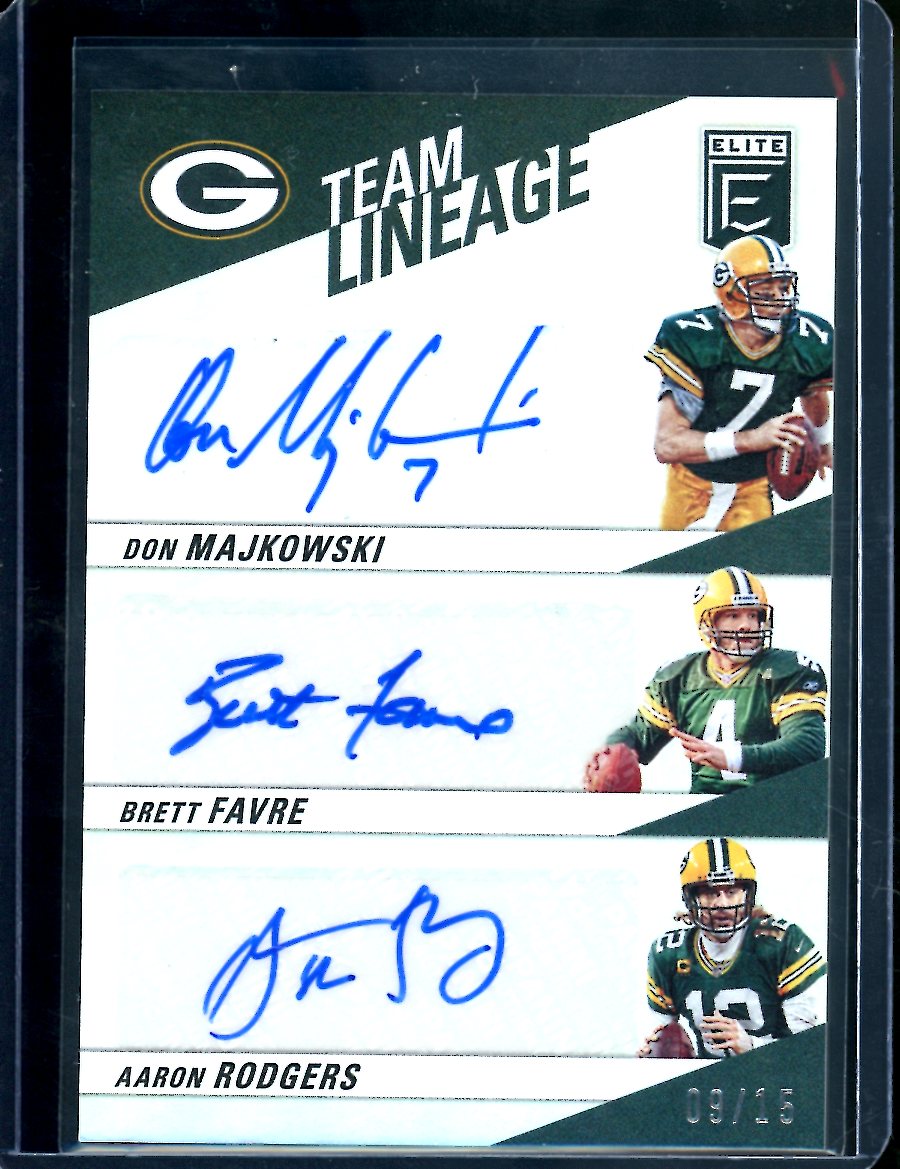 2022 Panini Elite Don Majkowski/Brett Favre/Aaron Rodgers Team Lineage Auto /15 Packers